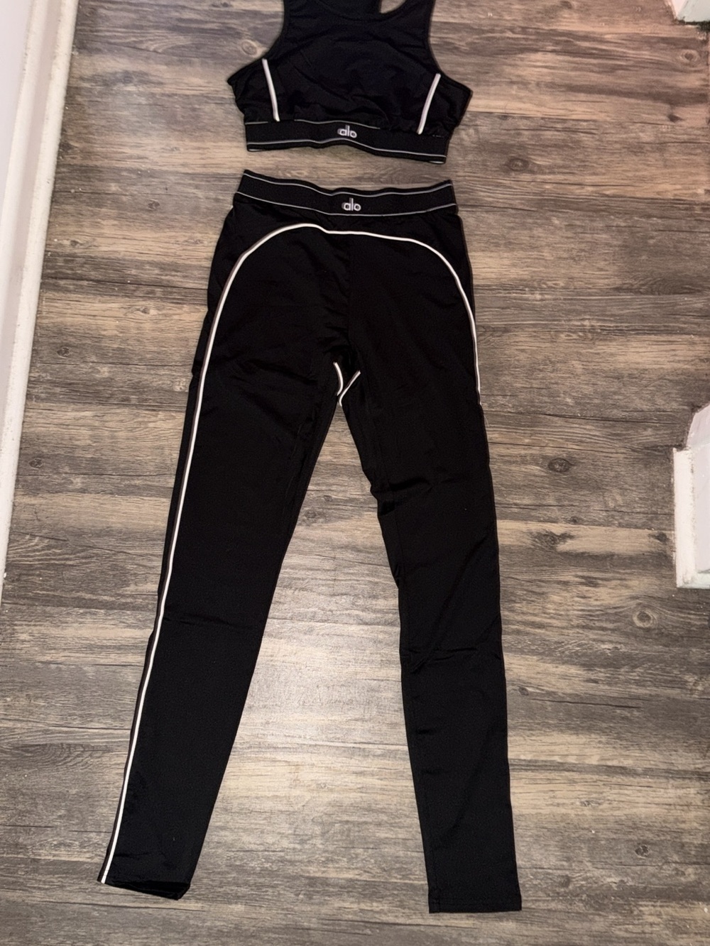ALO Yoga Kids Black Leggings with White Piping Trim